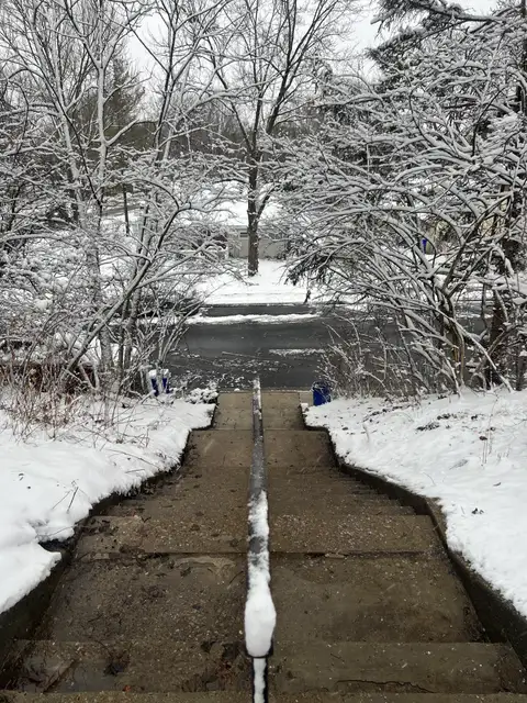 Snowy steps leading to a tranquil winter scene.
